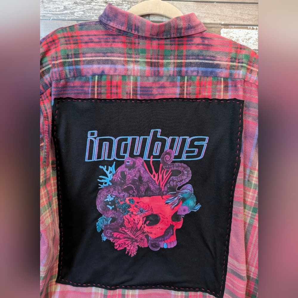 Incubus Graphic Upcycled Dip Dye Bleached Flannel Shirt - Picture 4 of 14